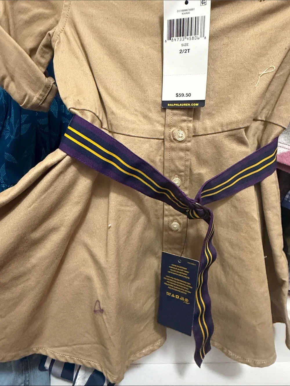 Ralph Lauren Tan Button-Front Dress with Navy & Purple Striped Belt
